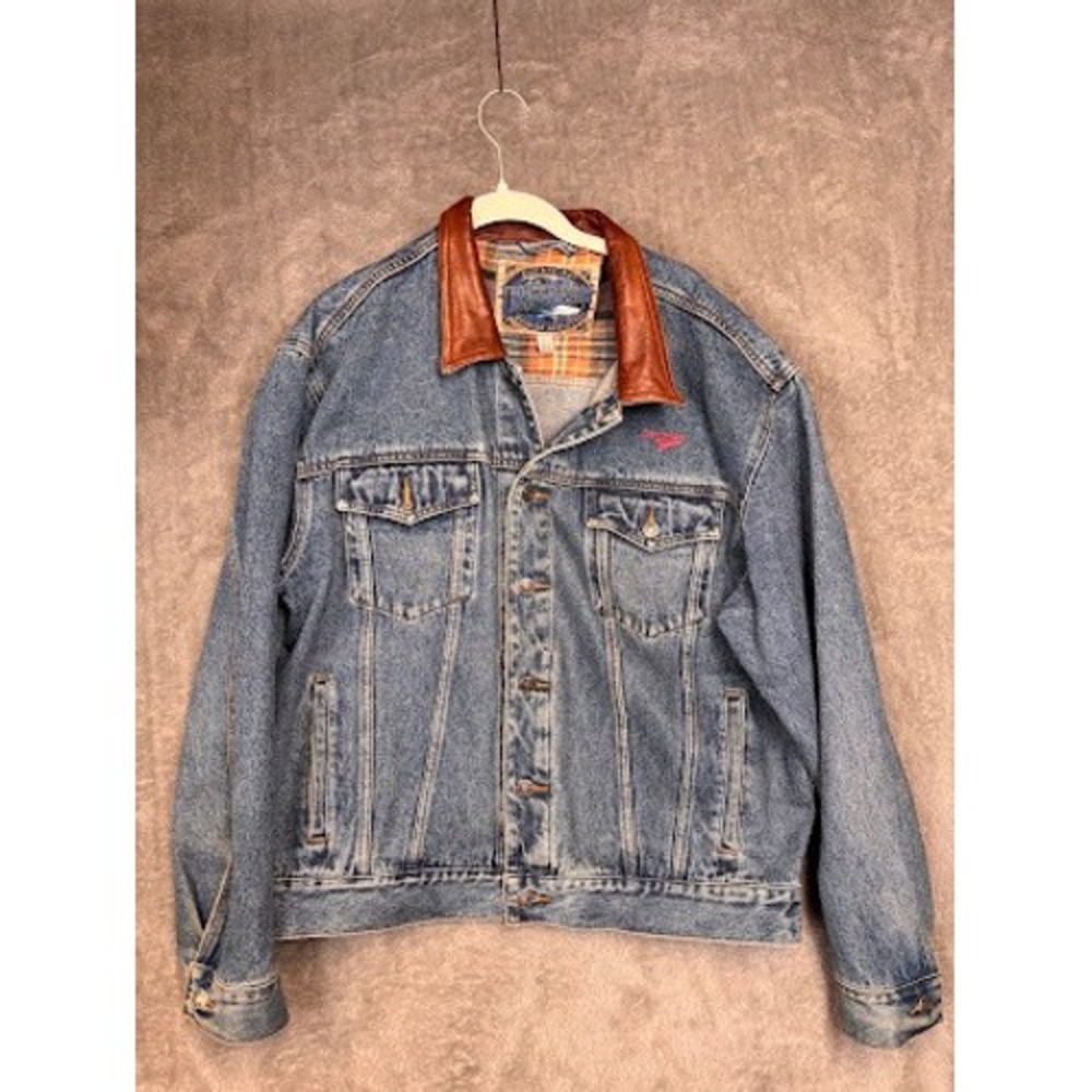 Dunbrooke Upstream Mens Denim Jacket Leather Collar Plaid Flannel Lined Blue L